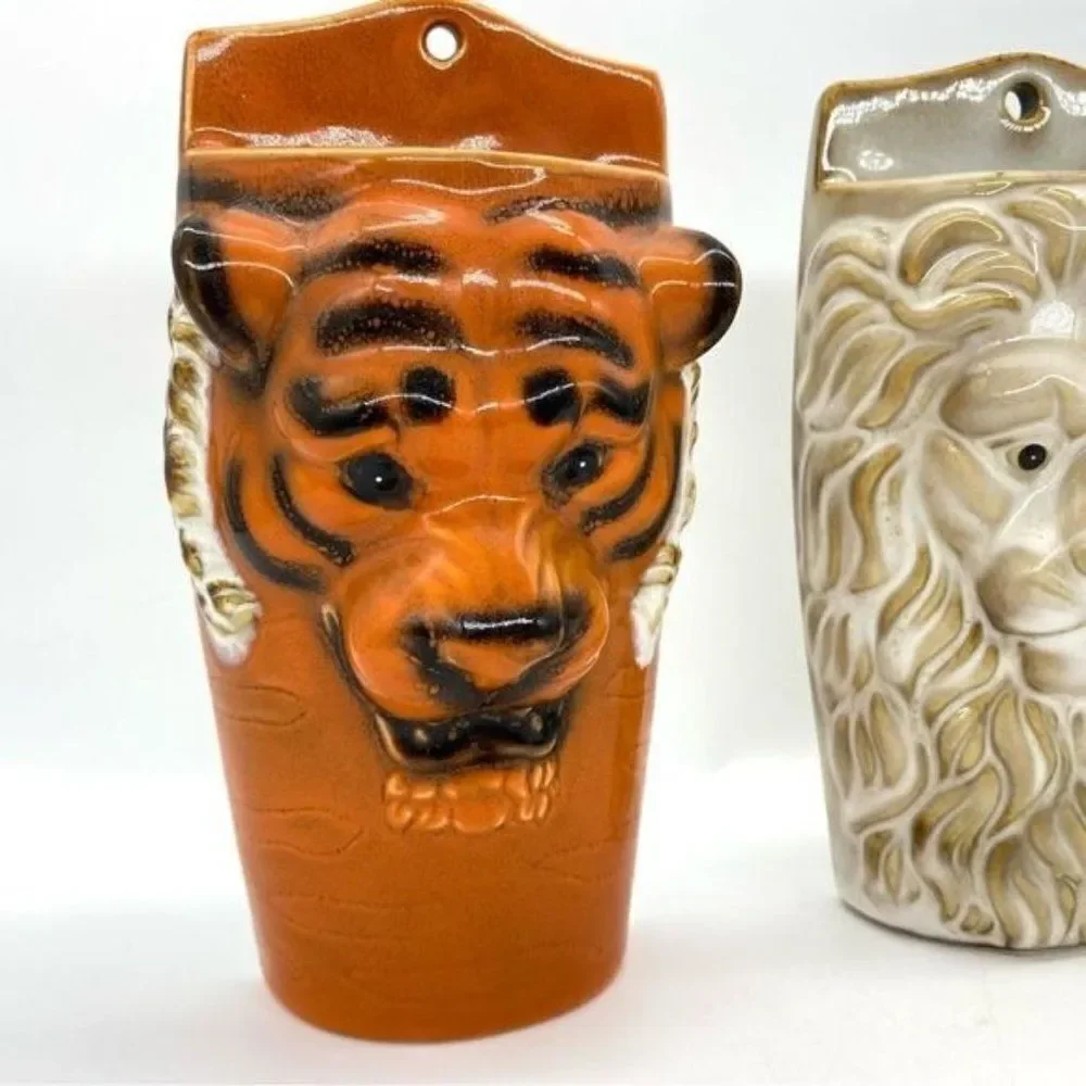 Safari Animals Tiger, Lion and Elephant Head Wall Pocket Vases